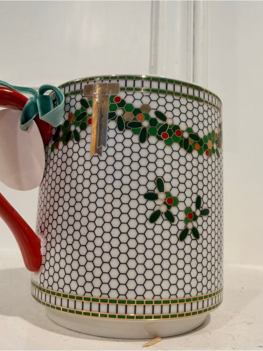 Anthropologie Cup of Cheer Monogram A Christmas Mug Honeycomb Gold Initial - Picture 3 of 6